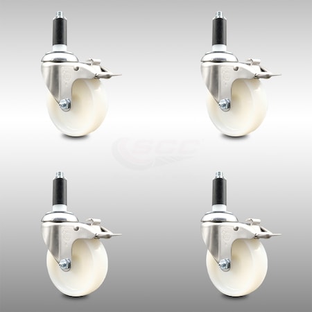 Service Caster 4 Inch 316SS Nylon Wheel Swivel 1-1/8 Inch Expanding Stem Caster Set Lock Brake SCC-SS316TTLEX20S414-NYS-118-4